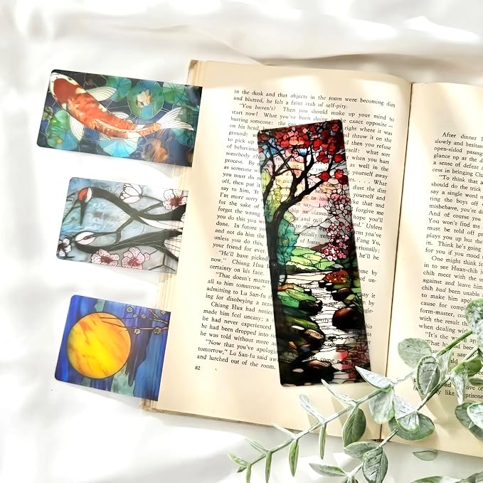 Pretty Stained Glass Bookmark - 10 Pcs Japanese Nature Art Bookmarks for Women Men Book Lovers Students Aesthetic Page Marks School Office Reading Accessories Bookish Birthday Graduation Gifts