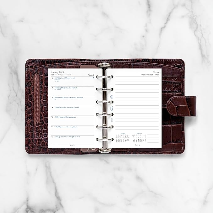 Filofax Calendar Diary Refill, Pocket Size, Week on One Page with Notes, White Paper, Multilingual: Four Languages, 2025 (C68209-25)