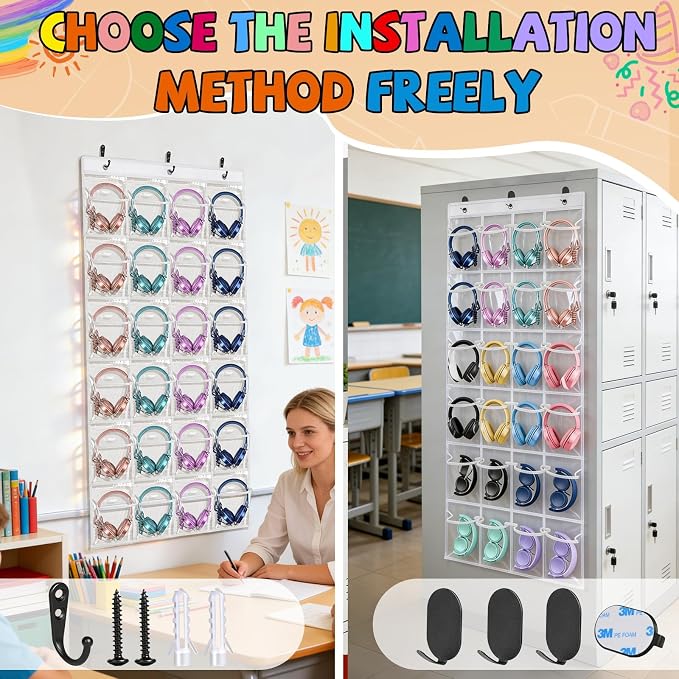 Enlarged Headphone Storage Classroom, 24 Large Pockets PVC Clear Headphone Holder for Classroom,with 3 Kinds of Mounting Accessories and Headphone Storage Stickers & Digital Stickers