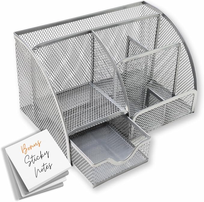 Mesh Desk Organizers with Compartments, 6-Section Desktop Storage Caddy with Drawer for Home, Office, and School, Sticky Notes, Pen & Pencil Holder, Silver