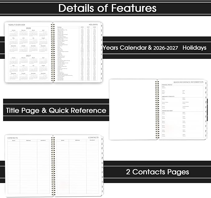 2026 Planner - Calendar/Planner 2026 Weekly and Monthly with Tabs, 8" x 10", Jan. 2026 - Dec. 2026, Flexible Cover + Twin-Wire Binding + Calendars, Daily Organizer - Black
