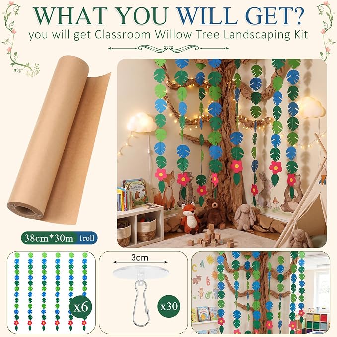 Suncalla Classroom Tree Bulletin Board Set DIY 3D Classroom Ceiling Wall Decor with Kraft Paper & Mounted Traceless Hooks for Jungle Safari Hawaiian Luau Party Supplies(Palm Leaves)