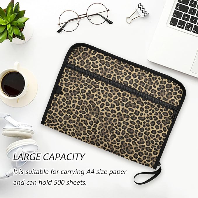 Brown Leopard Print Accordion File Organizer Expanding Document Folder with 13 Pockets Portable File Folder for A4 Letter Size