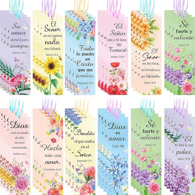 Skyygemm 120 Pcs Spanish Religious Bible Verse Bookmarks Bible Separators Spanish with Colored Rope Separadores De Biblia En Español Inspirational Christian Bookmarks Gifts for Women Church Prayer