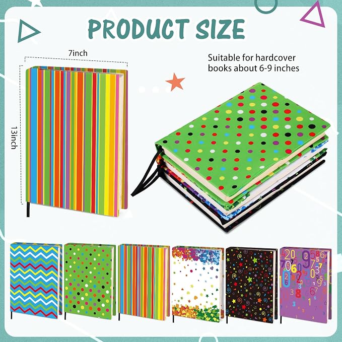 Gilprop 6 Pack Jumbo Stretchable Book Covers, Colorful Covers for Textbook Protection and Care, Washable Reusable Protective for Paperbacks Hardcover Books(Geometric,Bright,6-9inch)