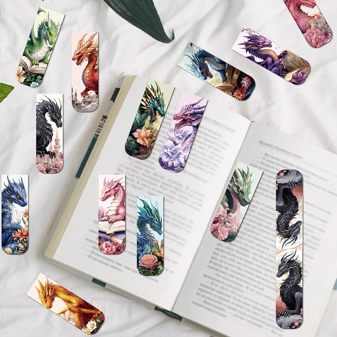 Wxiben Cool Dragon Magnetic Bookmark - 30Pcs Flower Dragon Bookmarks Magnets Unique Animal Book Marks Page Magnets Marker Clip Gifts for Book Lovers Reading Bookworms Office Supplies