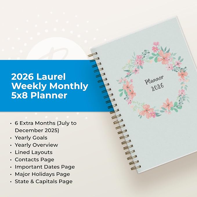 Blue Sky 2026 Weekly and Monthly Planner Calendar, January 2026 - December 2026, 5" x 8", Flexible Frosted Cover, Laminated Tabs, Durable Twin Wire Binding, Laurel