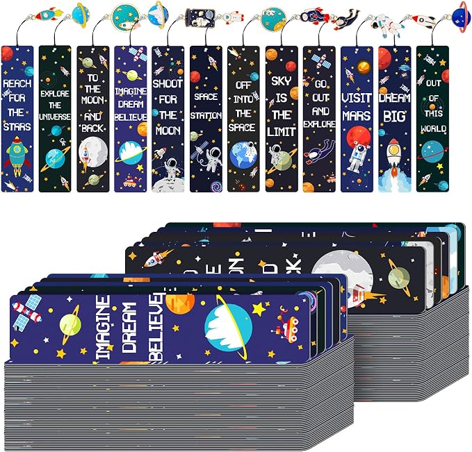144 Pack Space Bookmarks Bulk for Kids, Outer Space Themed Party Favors, Astronaut Rocket Planet Galaxy Theme Birthday Party Favors, Bookmarks with Metal Charms for Boys Girls, Classroom Rewards Gifts