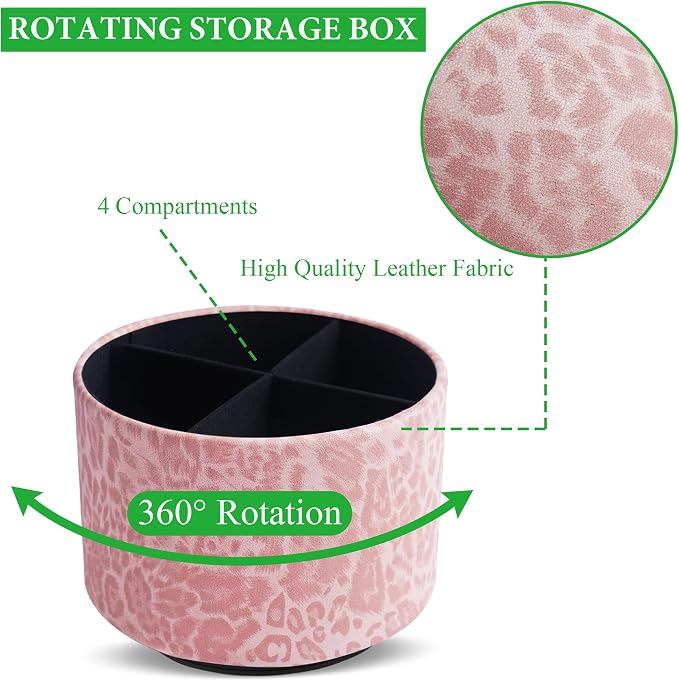 Round Leather Art Supply Organizer,Remote Control Holder,360 Degree Rotating,Multi-Functional Pencil Holder,4 Compartments Desktop Stationary Organizer(1-Leopard Pink)