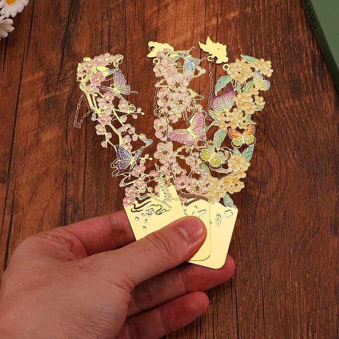 3 PCS Metal Bookmarks, Bookmarks for Women, Beautiful Flower Bookmark, Osmanthus Fragrans, Plum Blossom, Apricot Blossom (BKM-050-004)