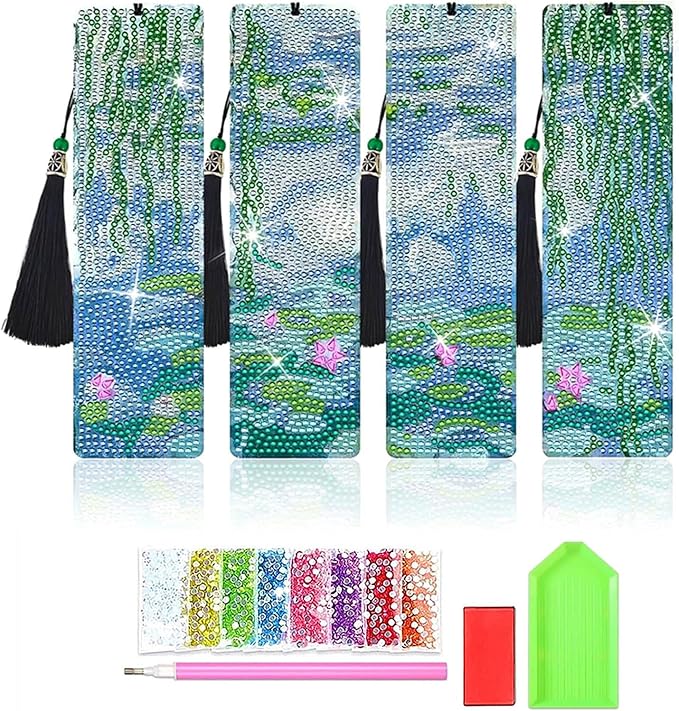 4 PCS Diamond Art Bookmarks Monet Water Lily, DIY Acrylic Diamond Painting Bookmarks Kits for Adult Reader and Crafts Lovers