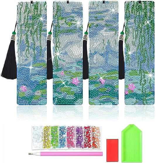 4 PCS Diamond Art Bookmarks Monet Water Lily, DIY Acrylic Diamond Painting Bookmarks Kits for Adult Reader and Crafts Lovers