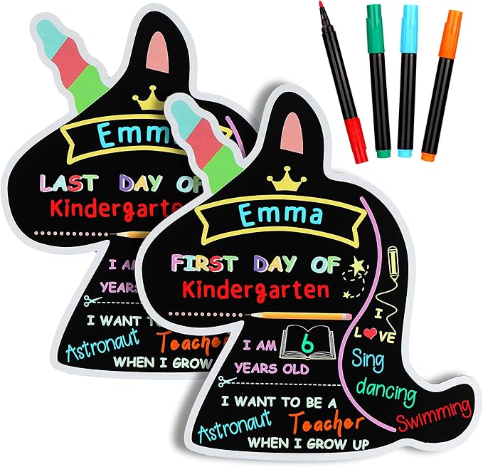 First and Last Day of School Chalkboard Sign with 4 Chalk Markers -11''×11.9'' Double Sided Back to School Sign Photo Prop for Preschool Kindergarten (Black-Unicorn)