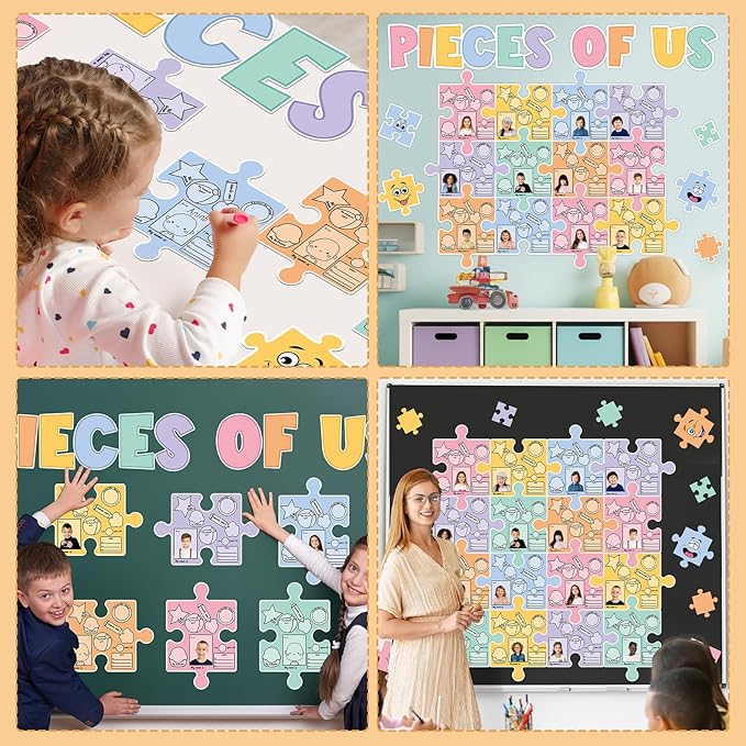 QOUBAI Pieces of Us Bulletin Board Set Puzzle Self-introduction Themed Classroom Bulletin Board Decorations All About Me Cutouts Classroom Decorations for Back to School Office Home Chalkboard Decor W