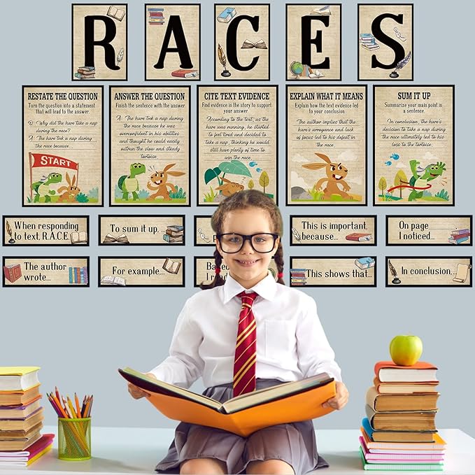 Outus 36 Pcs RACES Writing Strategy Bulletin Board Set, Alphabet Cutout Poster Sentence Starters Cards for Elementary School Classroom, Writing Display Wall Decoration Teacher Supply(Map)