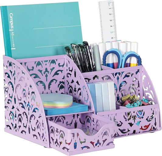 EasyPAG Pen Holder Desk Organizer with Drawer Pencil Cup for Desk 6 Compartments Metal Office Caddy Storage with Sticky Notes Holder for School Home Office, Purple
