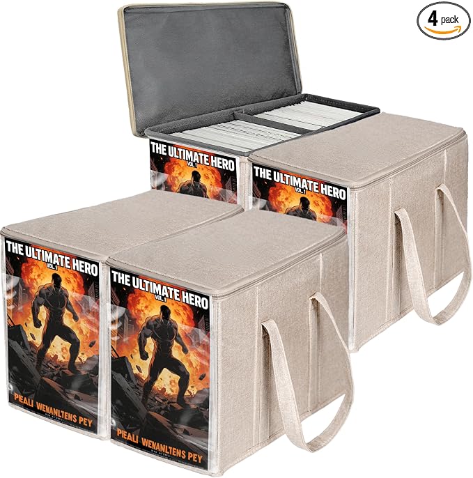 4 Pack Fabric Comic Book Storage Box, Sturdy Comic Book Holder with Adjustable Divider, Collapsible Book Organizer Holds 160-180 Comic Book Heavy Duty Bin Container, Beige