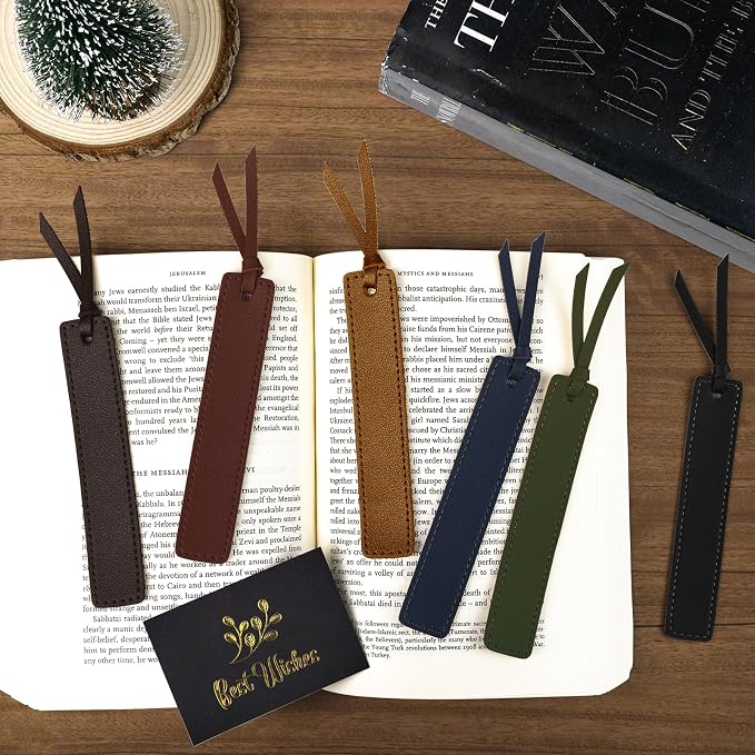 MIXVOVA 6 Pcs Leather Bookmark with Tassel, Classic Style Bookmark, 0.05 Inches Thin Handmade Stitched Bookmarks for Men, Book Marks for Reading, Gifts for Book Lovers, Readers (Dark Retro)