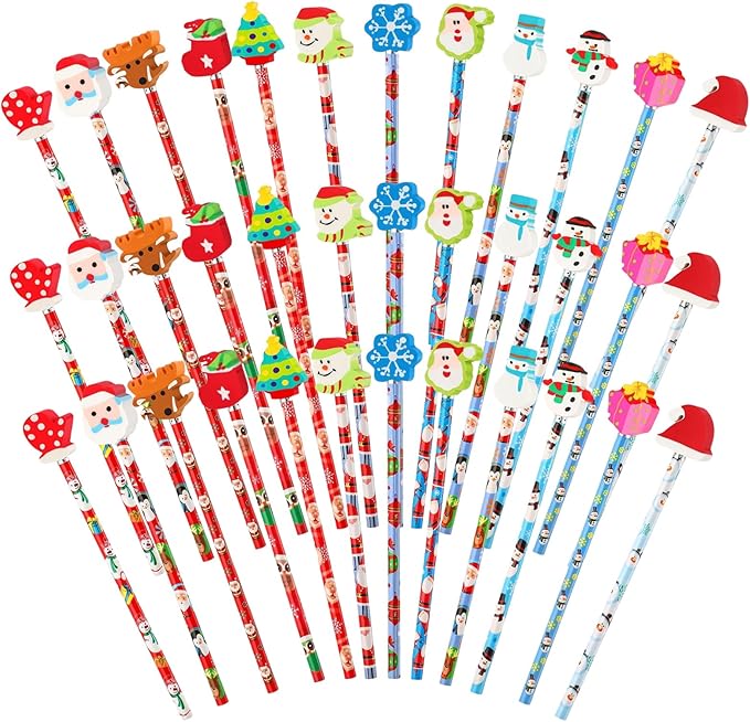 Christmas Pencils with Giant Eraser Assortment Christmas Themed Pencil Wooden Pencils for Christmas Party Supplies Xmas Stocking Stuffers, 12 Style (36)