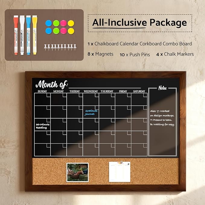 DOLLAR BOSS Chalkboard Calendar Corkboard Combo, 24" x 18" Magnetic Chalk Board Monthly Planner & Natural Cork Bulletin Rustic Wood Frame for Office Home School with 4 Markers, 8 Magnets, 10 Pins