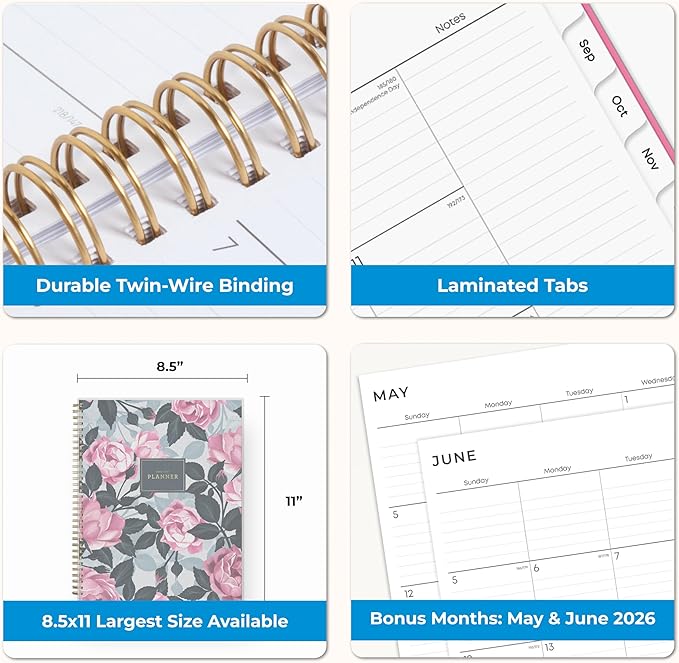Blue Sky 2026-2027 Weekly and Monthly Academic Year Planner Calendar, July 2026 - June 2027, 8.5" x 11", Flexible Cover, Wirebound, Storage Pocket, Laminated Tabs, Roosevelt Pink