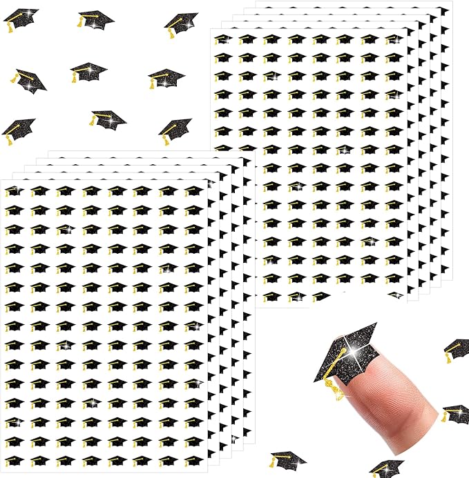 Whaline 1200Pcs Graduation Cap Mini Stickers Holographic Self Adhesive Stickers Black Diploma Cap Sparkly Label Decals for Congrats Grad Craft Scrapbook Envelope Reward, 10 Sheets