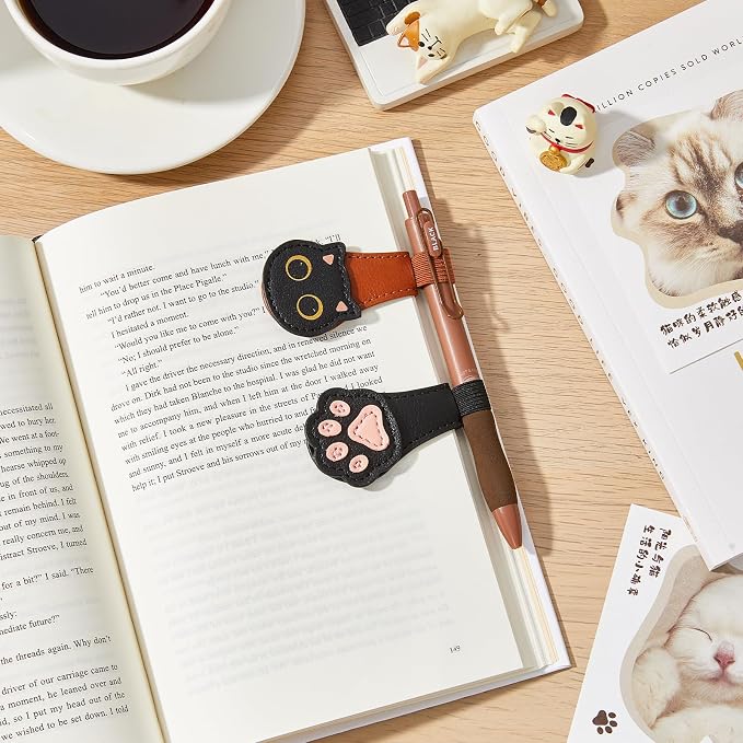 2Pcs Magnetic Bookmarks with Gift Box Magnetic Pen Holder for Notebook Cat Book Marks Clip Gift for Book Lover Readers Cute PU Leather Bookmark for Women, Cat+Paw (Brown+Black)