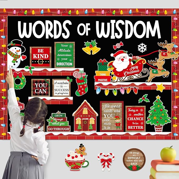 Mooliwe 57 Pcs Christmas Bulletin Board Set Inspirational Bulletin Board Decoration Positive Cutout Classroom Decoration for School Office Home Teacher Classroom Wall Supplies