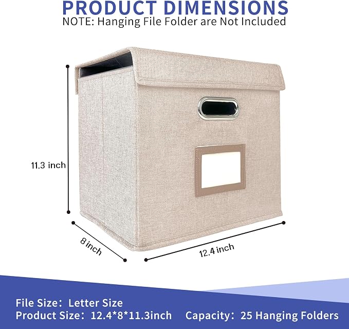 6 Pack Hanging File Folder Box with Lid, Durable Letter Size Filing Storage Box, Sturdy File Holder with Cardboard Support PVC Rails for Office Home Organizer, Beige