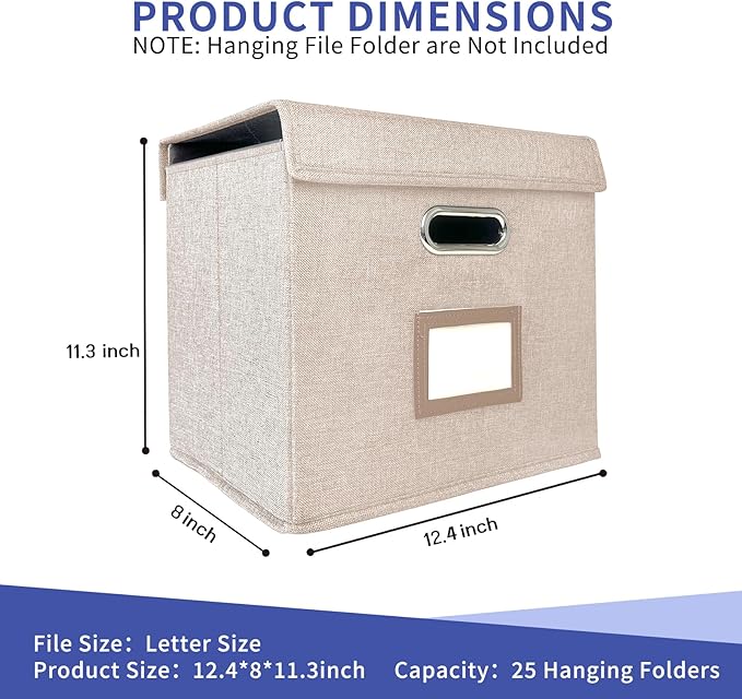 4 Pack Hanging File Folder Box with Lid, Durable Letter Size Filing Storage Box, Sturdy File Holder with Cardboard Support PVC Rails for Office Home Organizer, Beige