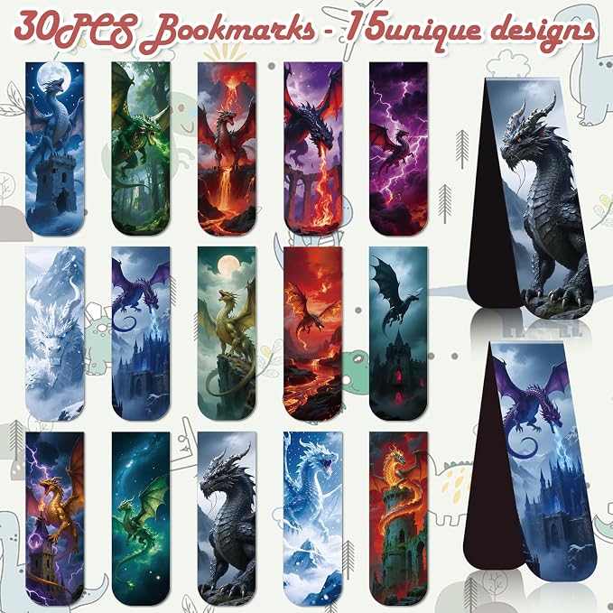 Wxiben Dragon Magnetic Bookmark Gifts - 30 Pcs Cool Dragon Bookmarks Fantastic Animal Book Mark Magnet Book Marker Page Clip for Women Men Bookworms Reading Book Lovers Home Office Favor