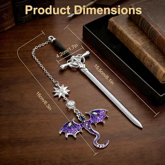 Vintage Metal Dragon Sword Bookmark, Fourth Wing Inspired Fantasy Book Markers, Cool Unique Bookmarks for Adults & Book Lovers, Personalized Dragon Gifts for Men (Purple)