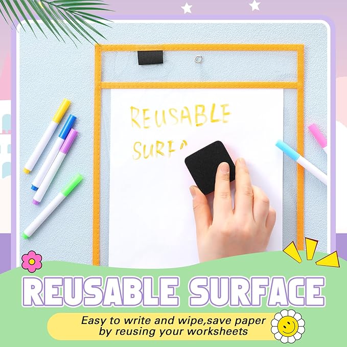 24 Pcs Dry Erase Pocket Reusable Sleeves 10" x 14" Clear Plastic Sheet Protectors with Markers and Mini Dry Erasers for Paper(Happy Day Color)