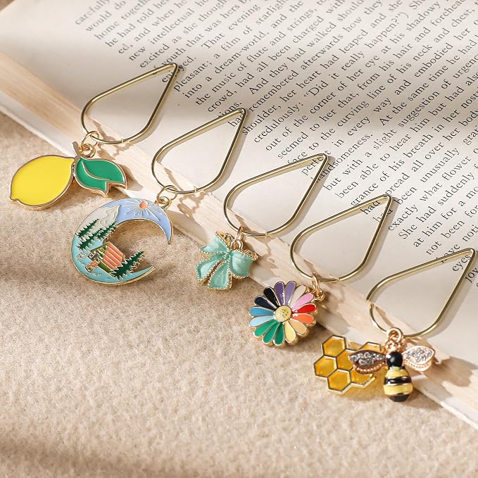 Cute Metal Bookmark Gift - 8 PCs Colorful Bee Flower Bow Ghost Paperclip Book Mark Unique Turtle Moon Page Markers for Reading Lovers Women Kids Students Teachers School Office Accessories