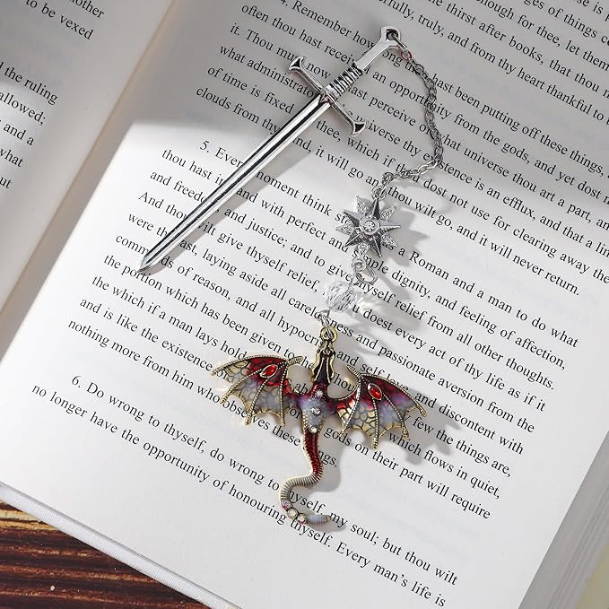 Fourth Wing Bookmark with Sword and Red Dragon-Fantasy Antique Tassel Metal Pendant, Vintage Red Bookmarks for Reading Lovers Women, Men, Teachers and Students, Christmas Birthday Gifts