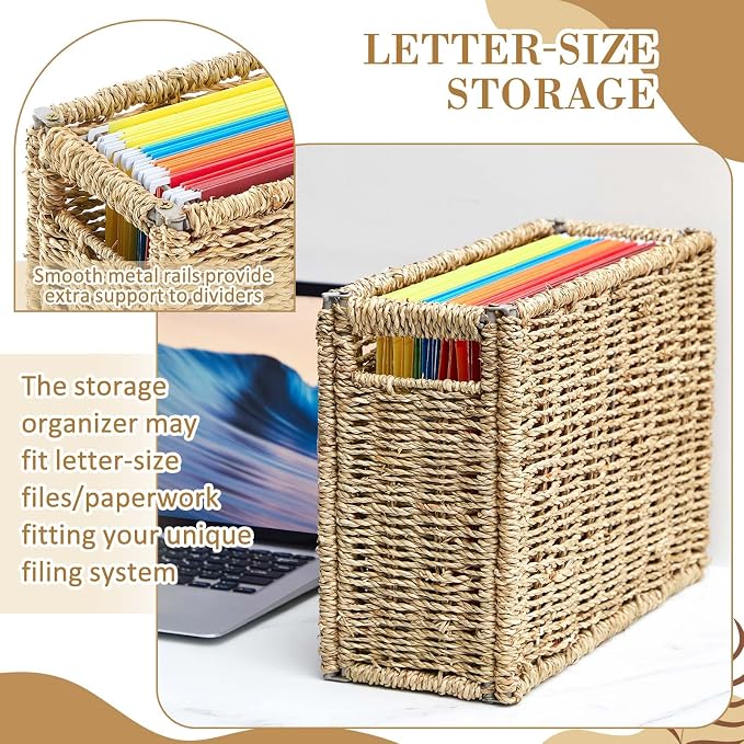 Teenyyou 1 Pack Seagrass Hanging File Box 14.5 x 6 x 10.8 Inch Decorative File Basket Woven Document Organizer with Handle Collapsible Letter Size Filing for Office Home Storage Decor