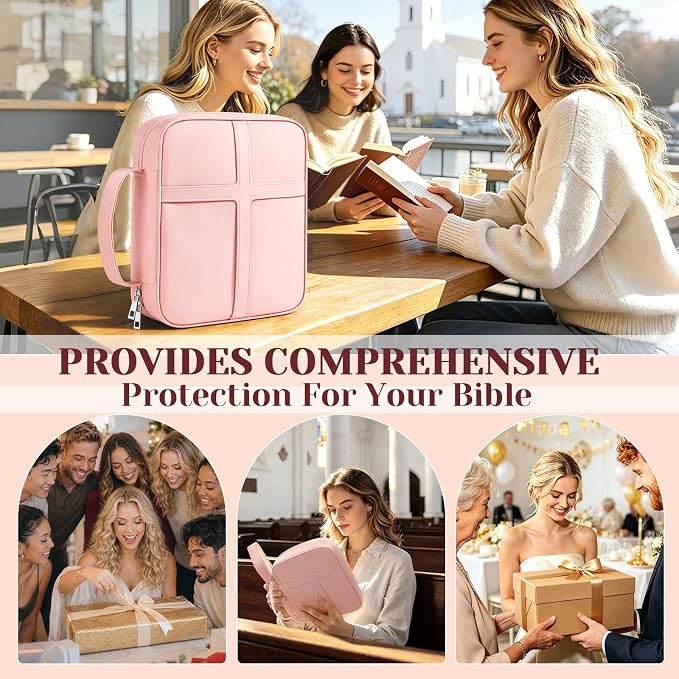 XKDOUS Large Bible Cover, Bible Bag with Handle, Durable Cross Design Bible Case with Bible Accessories, Bible Cover Case for Women and Men, Christian Gift (Pink)