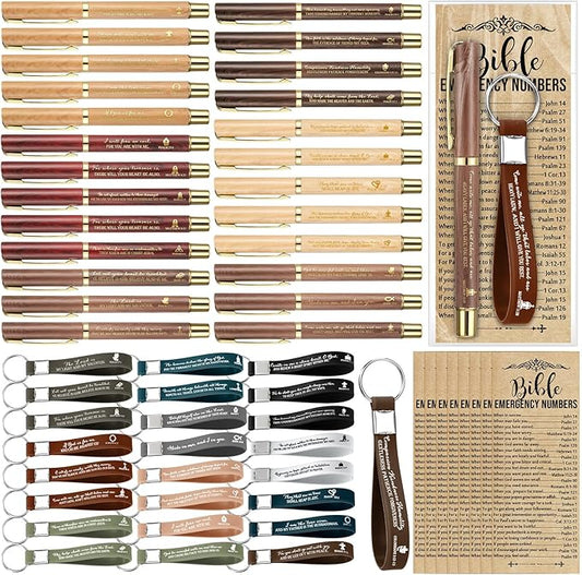Feifeiya 25 Sets Father's Day Christian Church Gifts Bulk Bible Verse Plastic Gel Pen Religious Silicone Keychains Scripture Bookmarks for Men Women Empowerment Sunday Study Group Gifts(Wood Color)