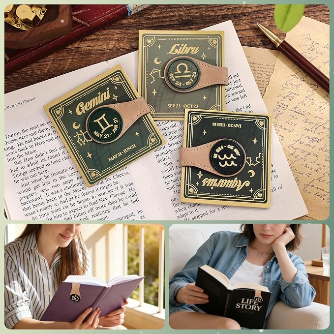 3 PCS Leather Magnetic Bookmark Clips, Zodiac PU Leather Bookmarks for Book Lovers, Full Set of Book Clip Accessories, Wind Direction Constellation