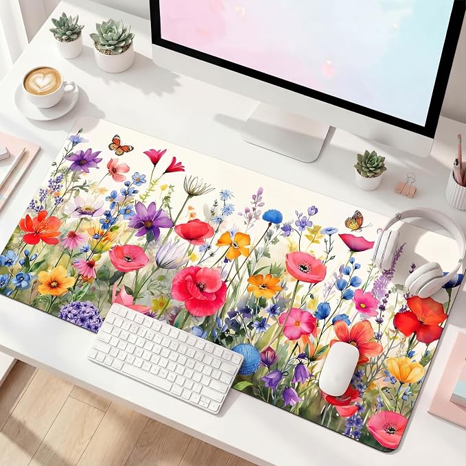 Geyoga Flower Mouse Pad for Desk 31.5 x 15.7 in Pink Floral Desk Mat for Desktop XL Large Computer Laptop Protector Keyboard Mouse Pad for Woman Back to School Gifts Work Office Home Decor