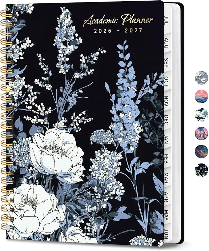 2026–2027 Academic Planner, Weekly and Monthly Planner for Women, July 2026 - June 2027, Pretty Hardcover 2026–2027 Academic Planner with Tabs, Inner Pocket, Spiral Bound, Perfect Office Home School Supplies - 6.3" x 8.5", Nocturne Peonies