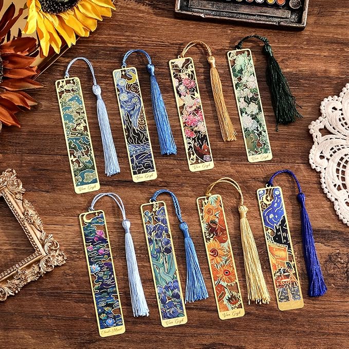 icceemee 8 Pieces of Gold Hollow Bookmarks with Tassels, Featuring Van Gogh and Monet Oil Painting Themes Perfect for Book Lovers, Writers, Readers, Children, Teenagers, Men, Women, and Adults