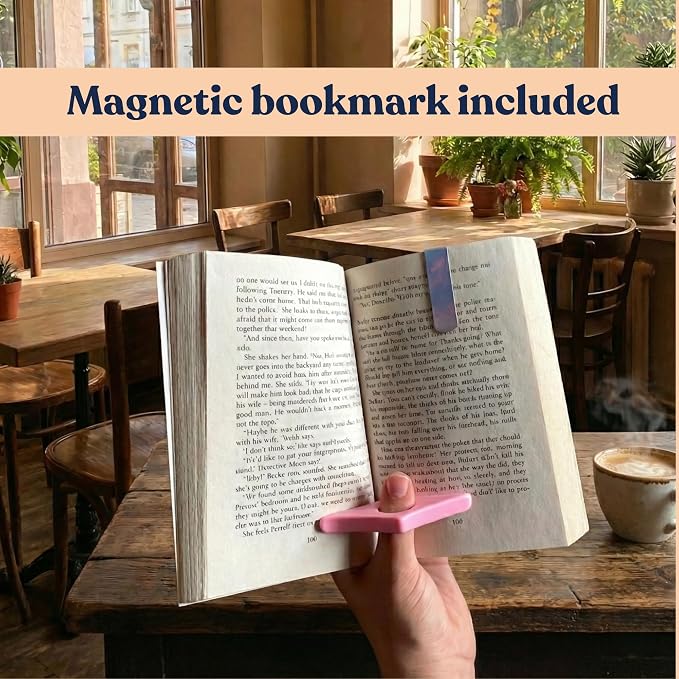 4 Piece Set: Wood Book Page Holder & 2 Magnetic Bookmarks - Ergonomic Thumb Book Opener - Ideal Reading Accessories & Gifts for Book Lovers