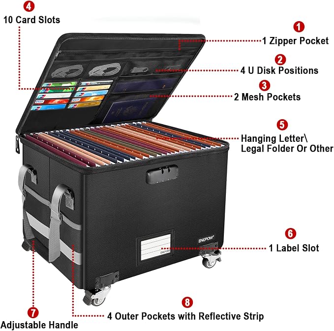 ENGPOW Fireproof Document Box with Wheels, Collapsible File Box with Lock, Rolling File Storage Organizer Filing Cabinet with Pockets, Portable Home Office Safe for Hanging Letter/Legal Folder