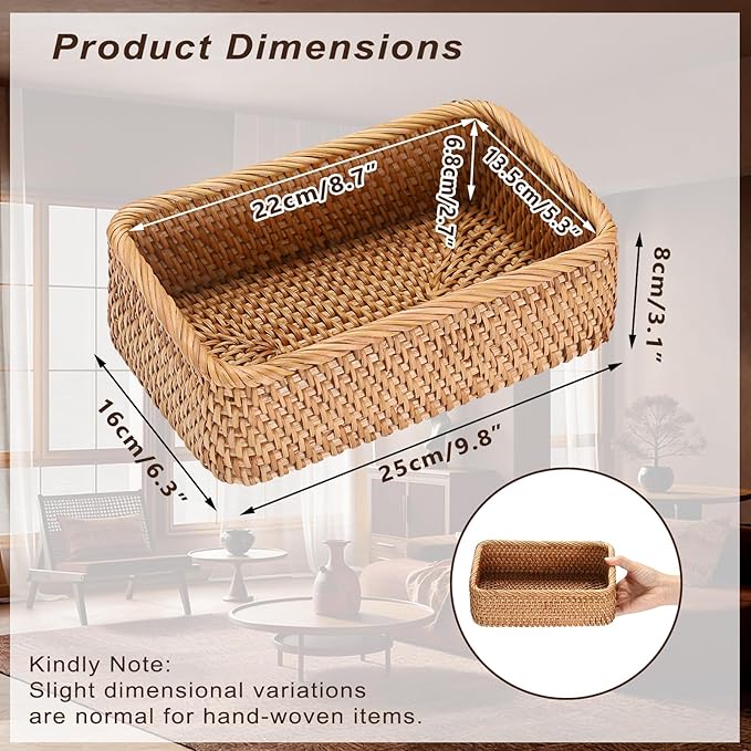 BTSKY Small Remote Basket for Coffee Table Entryway Living Room Rattan Serving Tray 9.6'' x 6.5'' Handwoven Wicker Baskets Decorative Tray for Wallet Remote Control Trinkets Rings Cosmetics Crackers
