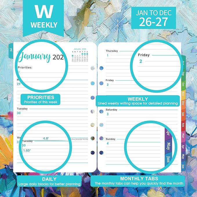 2026-2027 Planner Refills - Planner 2026-2027 Inserts with 7-Hole Punched, 5-1/2" x 8-1/2", Runs from July 2026 to June 2027, Weekly and Monthly Spread, Colorful Monthly Tabs