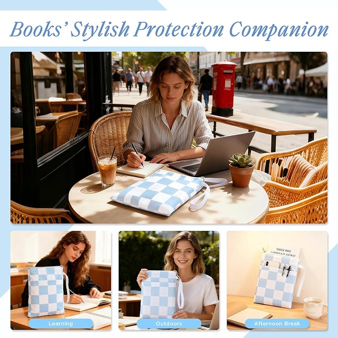 Book Sleeve with Zipper, 11''x 9'' Waterproof Paperback Sleeve for Book Lovers Books Pouch Cover with Handle for Hardcovers Kindle Sleeve for Reader Teacher Women (Blue and white grid, 11x 9 inch)