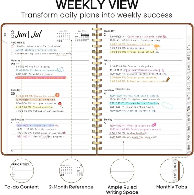 Academic Planner 2026-2027, Weekly and Monthly Calendar Planner Book, July 2026 – June 2027, Hardcover Organizer with Tabs, Perfect for Teachers, Students, Women & Men, A5 (6.4" x 8.5") - Brown