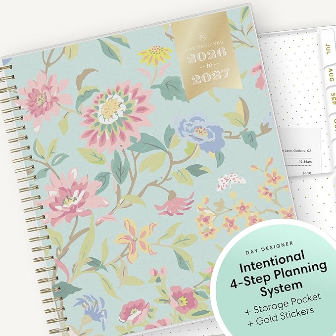 Blue Sky Day Designer 2026-2027 Monthly Academic Year Planner Calendar, July 2026 - June 2027, 8" x 10", Monthly Layout, Flexible Cover, Wirebound, Laminated Tabs, Climbing Floral Mint