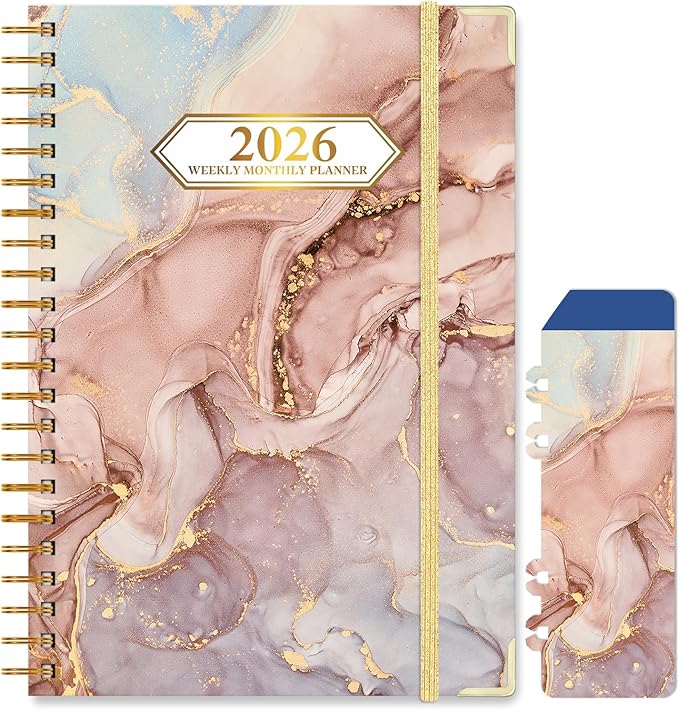 2026 Planner, Jan.2026 - Dec.2026 Weekly Monthly Planner 6.25"x8.5" with Page Tabs, Calendar Hardcover with Inner Pocket, Elastic Band,Twin-Wire Binding,Bookmark, Salmon Pink Marble